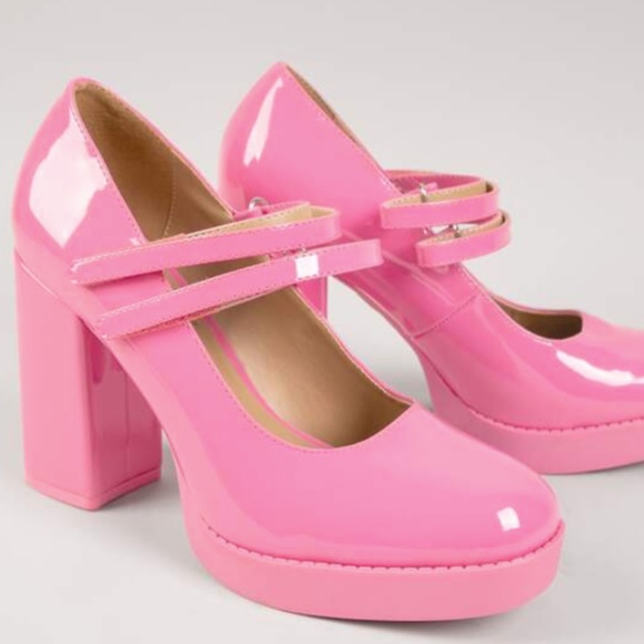 New Pink Patent Mary Jane Platform Chunky Heel Pumps - Picture 3 of 4